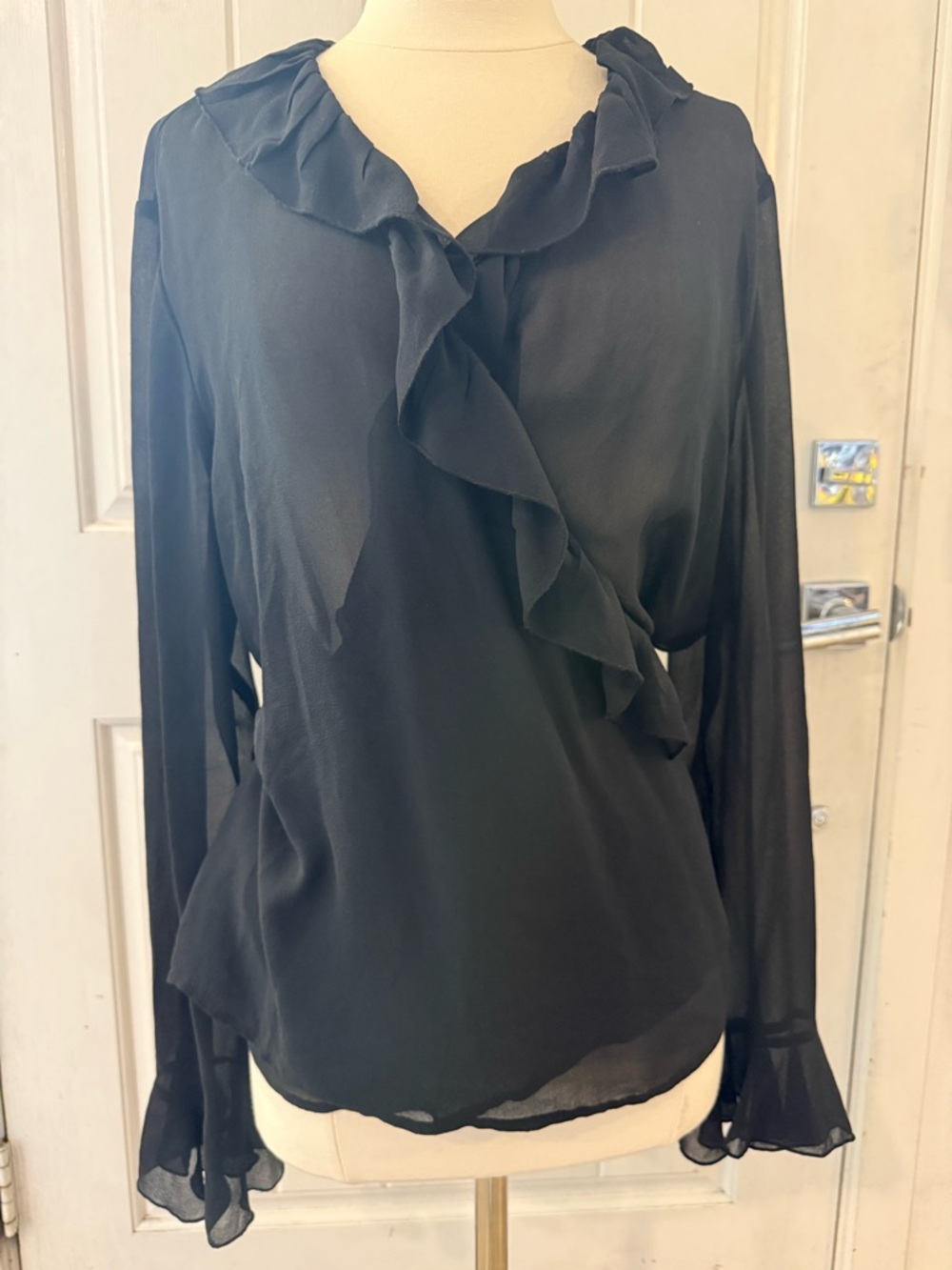 VTG Donna Gray 100% silk sheer Black Wrap Blouse bell sleeve XL ethereal witchy
